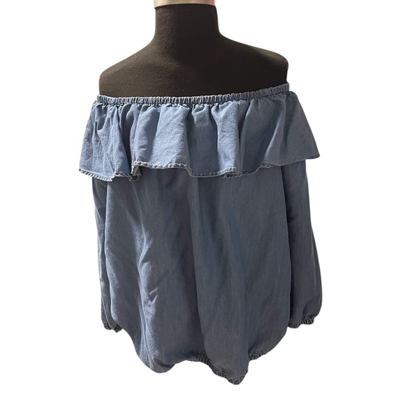 Michael Kors Ruffled Off-Shoulder Blue Blouse - Picture 1 of 2